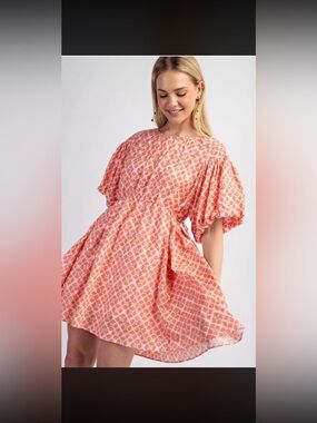 Gigio Floral Cinched Tie Puff Sleeve Blouse Orange Green Large